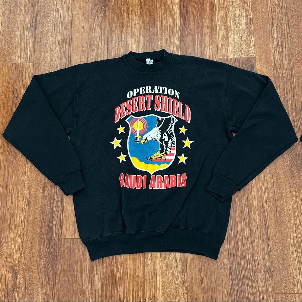 Vintage Operation Desert Shield Large Black Crew Neck Sweatshirt Saudi Arabia